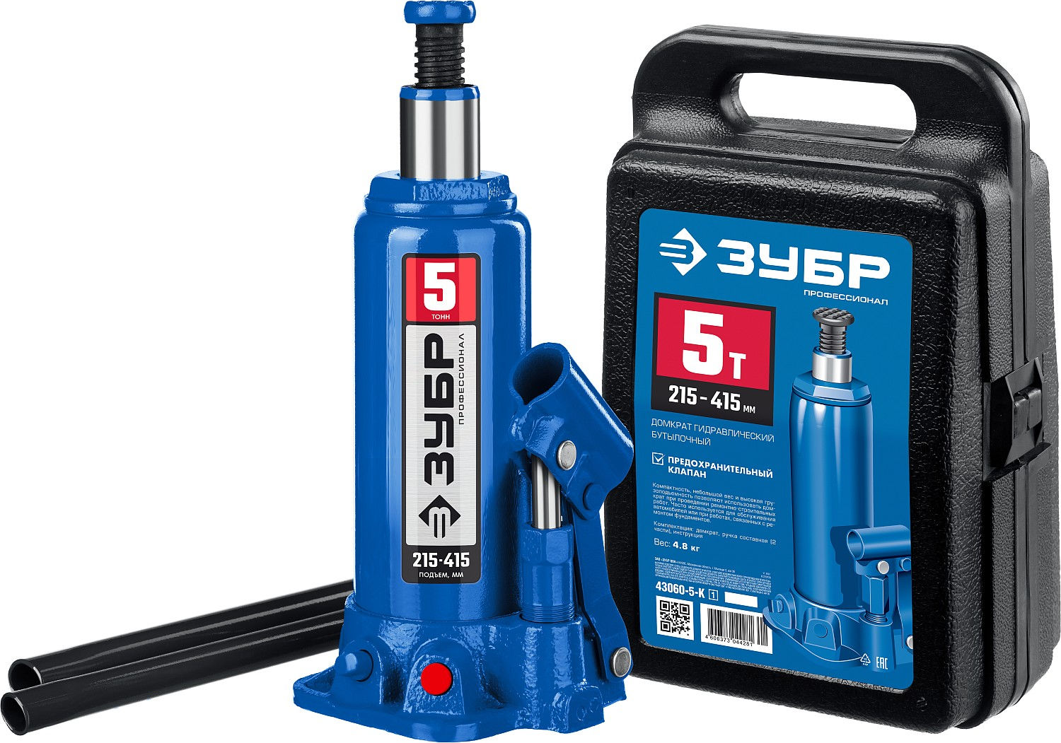 Домкрат гидравлический бутылочный 5 т 216-413 мм в кейсе Профессионал ЗУБР 43060-5-K