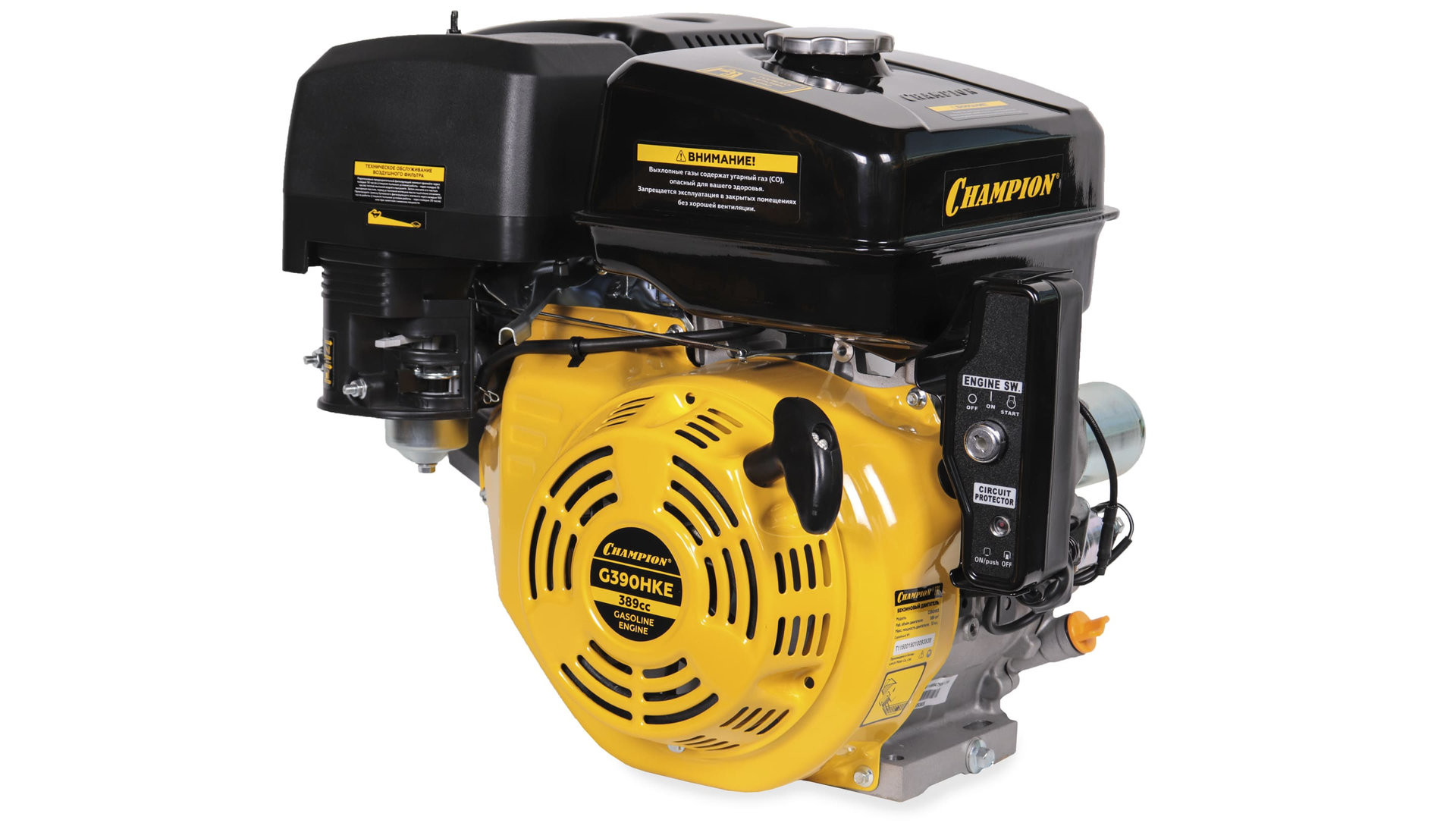 Двигатель 13лс/9,6кВт 389см? 25,4мм шпонка 33.2кг эл.стартер панель запуска выход12В/10Вт CHAMPION G390HKE
