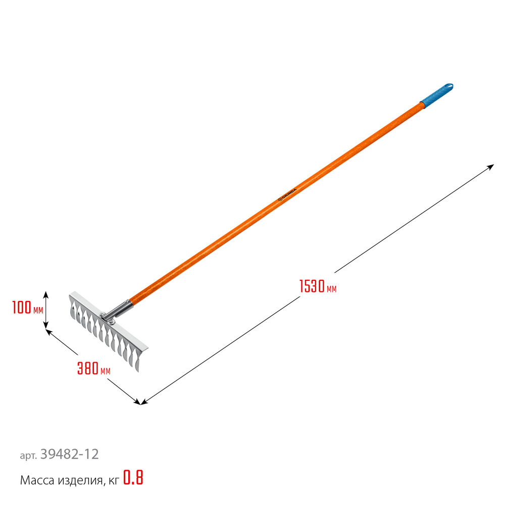 Садовые грабли PS-12 FIBER, 380 х 100 х 1530 мм, 12 витых зубцов, нержавеющая сталь, фибергласовый черенок, PROLine GRINDA 39482-12