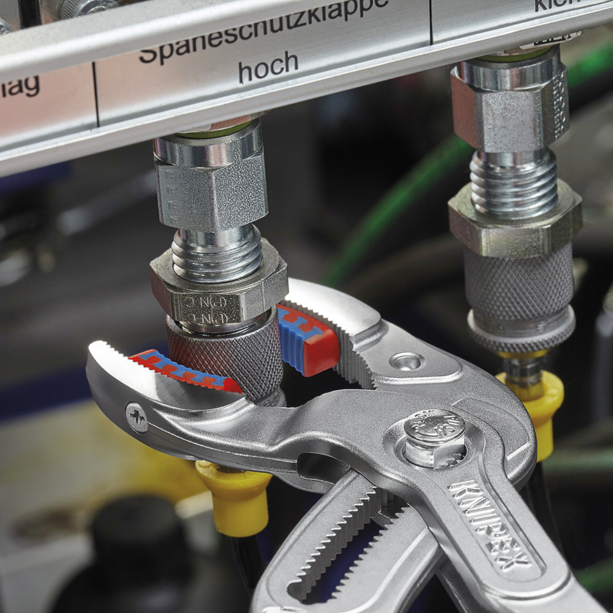 Клещи переставные трубные, зев 10-75 мм, длина 250 мм, пластиковые насадки на губках, хром (KN-8113250)