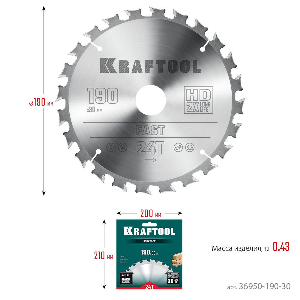Пильный диск по дереву Fast, 190 х 30 мм, 24Т KRAFTOOL 36950-190-30