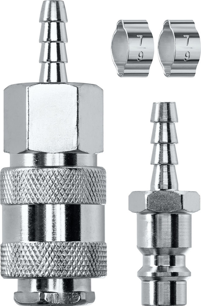 Набор (штуцер «елочка», 6 мм — рапид муфта) + (рапид штуцер-штуцер «елочка», 6 мм) + (обжимные хомуты 2 шт) KRAFTOOL 06599-06-H