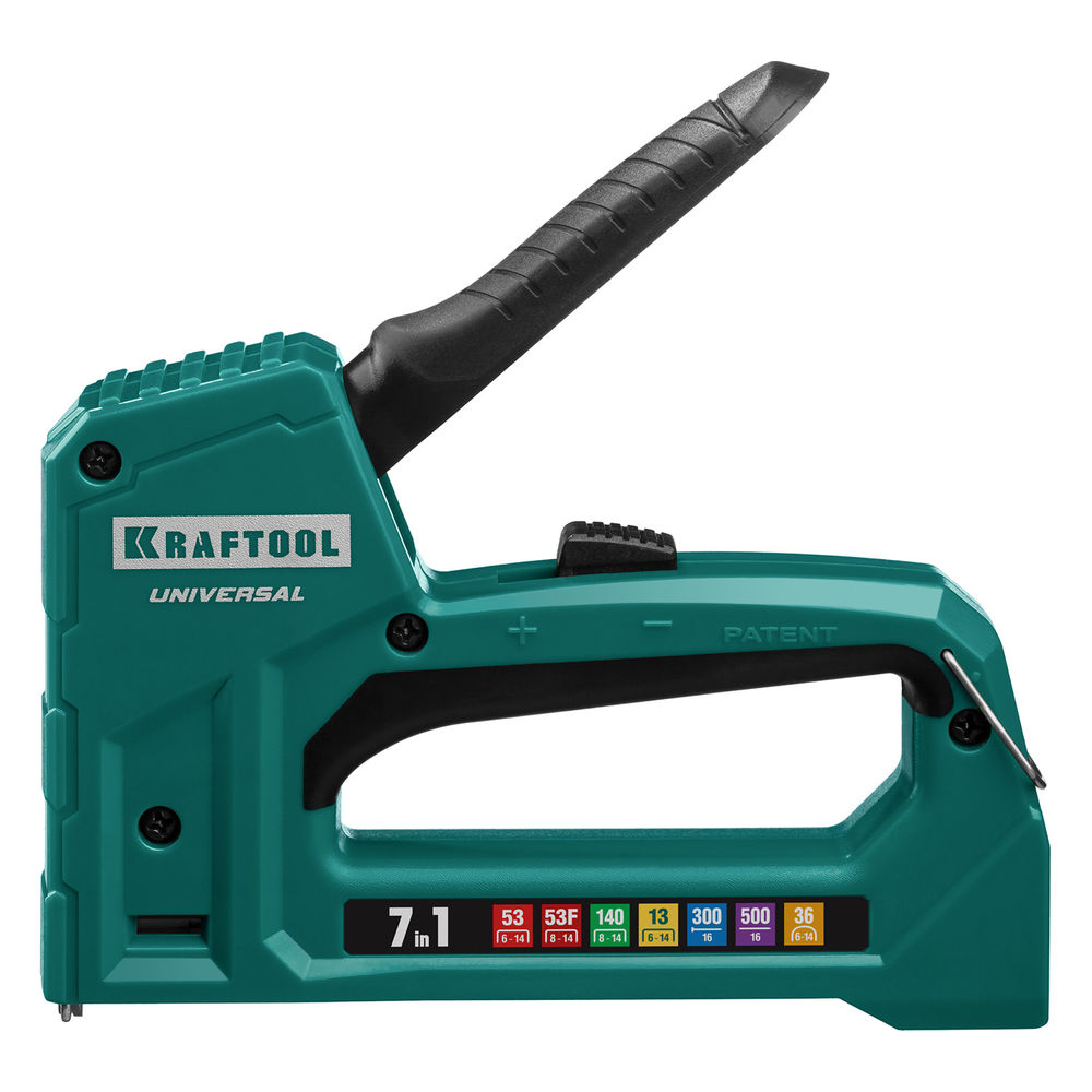 Универсальный легкий степлер Universal, 7-в-1: 53 (A/10/JT21) 23GA (6–14 мм)/140 (G/11/57) 20GA (8–14 мм)/13/53F/36/500 KRAFTOOL 31524