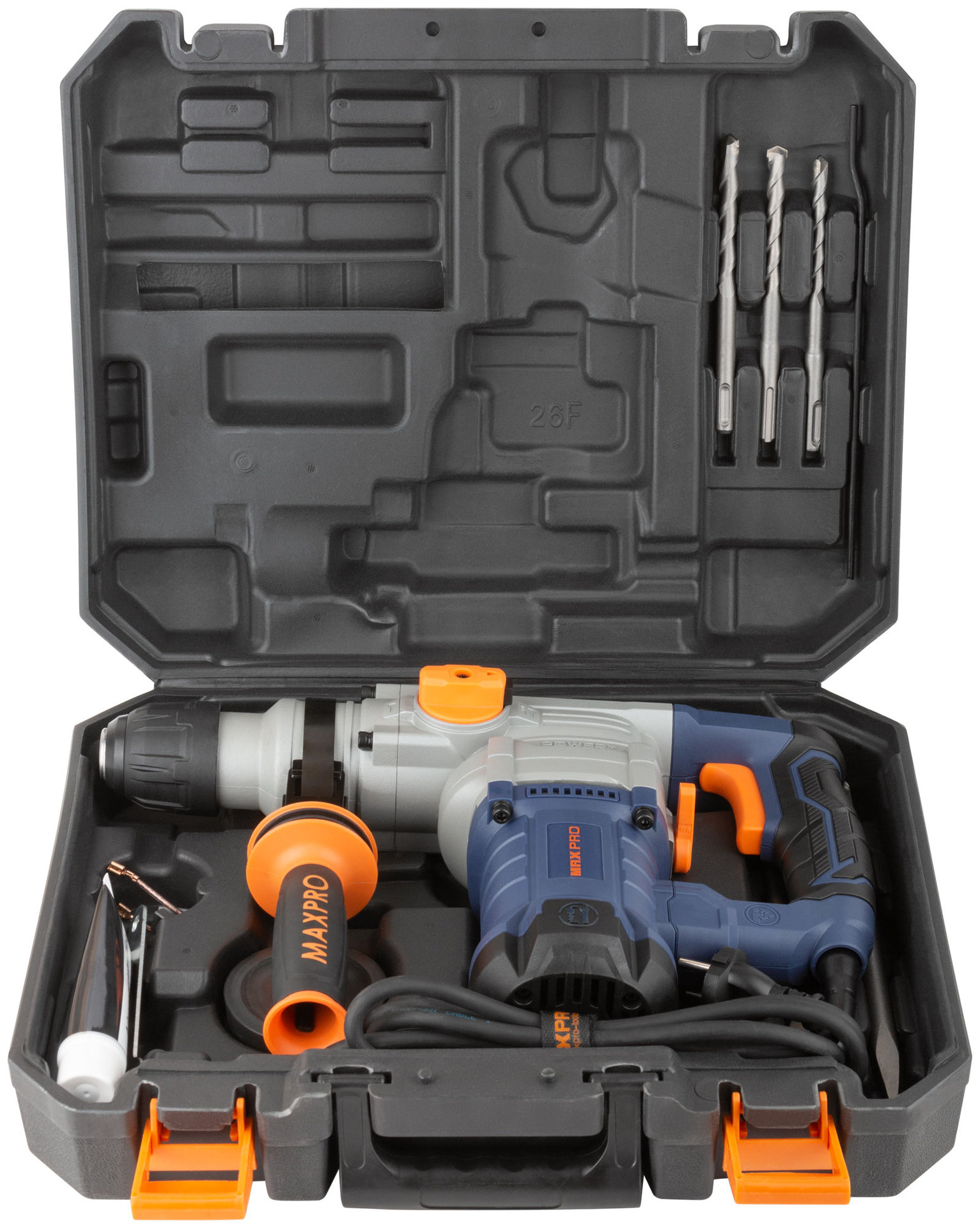 Перфоратор демонтажный 1200 Вт; 880 об/мин; 4,5 Дж; 3 режима; Д/Б/М-40/28/13; 4,95 кг; SDS-PLUS; антивибрационная ручка; резиновые вставки MAX-PRO 85091