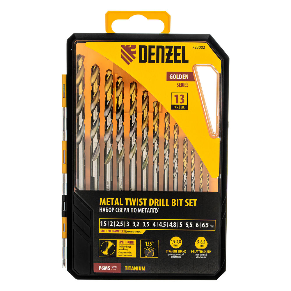 Набор сверл по металлу, 1,5-6,5мм, Р6М5-TiN, Golden Tip, 13 шт Denzel (723002)