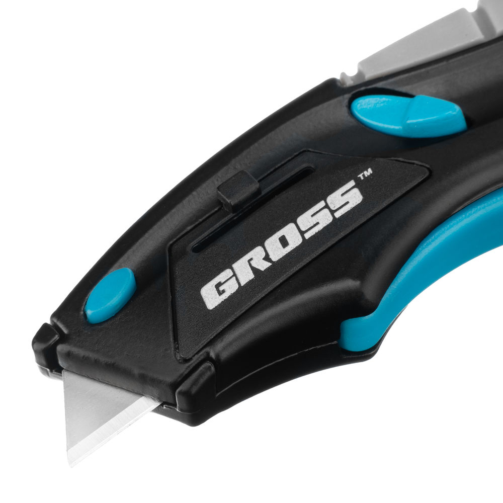 Нож ремонтно-монтажный мини, трехкомпонентная рукоятка, авто выброс, возврат лезвия, 100 мм, 2 запасных лезвия Gross (78873)