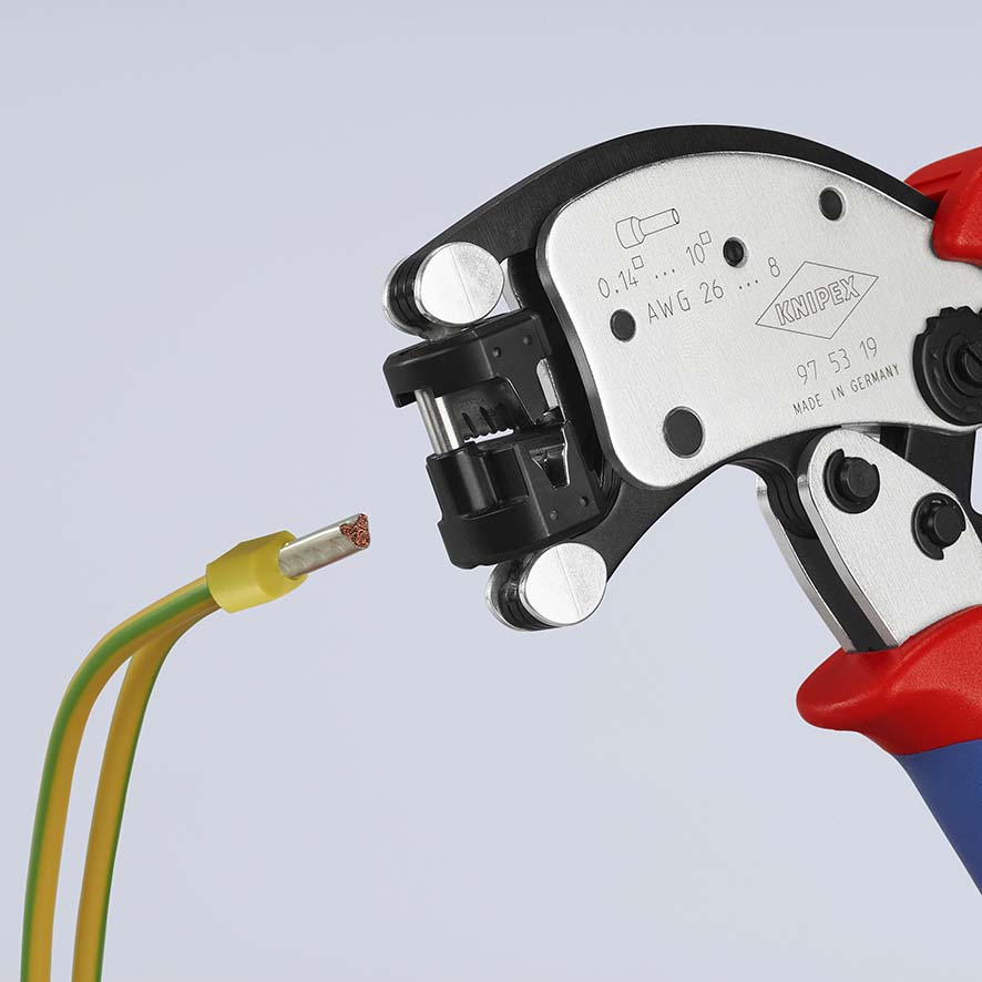 Пресс-клещи для контактных гильз DIN 46228 1+4, обжим: трапециевидный, поворот 360°, 0.14-10.0 мм?, доступ с 2х сторон, длина 200 мм Twistor T KN-975319
