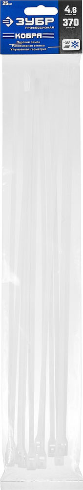 Кабельные стяжки с плоским замком 4.6 x 370 мм, нейлон РА66, 25 шт, белые КОБРА ЗУБР Профессионал 30930-46-370