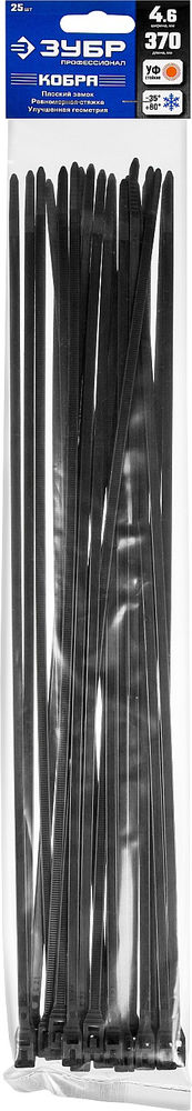 Кабельные стяжки с плоским замком 4.6 x 370 мм, нейлон РА66, 25 шт, черные КОБРА ЗУБР Профессионал 30935-46-370