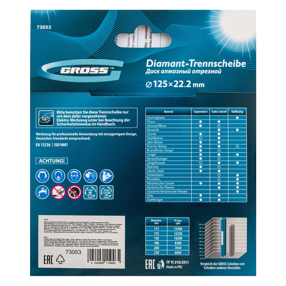 Диск алмазный, 125 х 22.2 мм, тонкий, сплошной (Jaguar) мокрая резка Gross (73053)