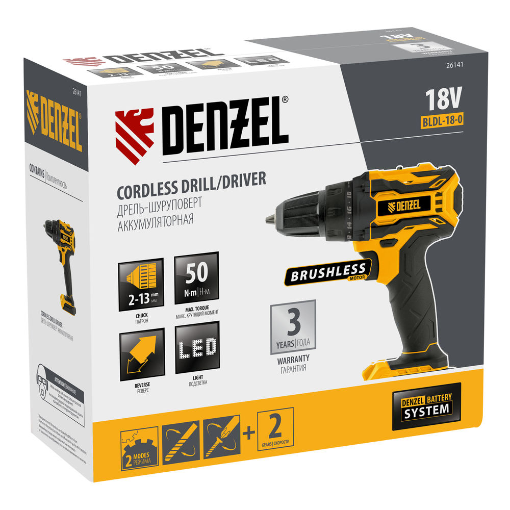 Дрель-шуруповерт аккумуляторная, бесщет. BLDL-18-0 Li-Ion, 18 В Denzel (26141)
