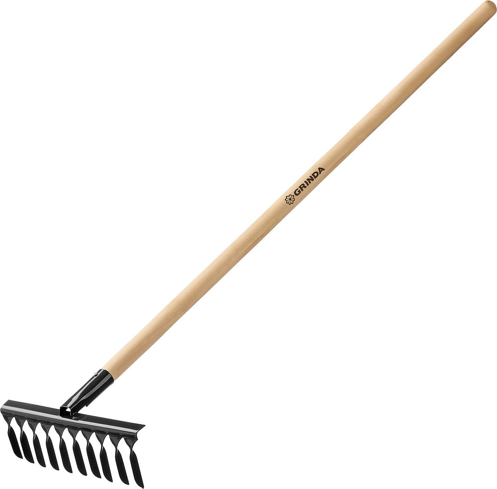 Садовые грабли GS-10 WOOD, 320 х 95 х 1300 мм, 10 витых зубцов, углеродистая сталь, антикор. покрытие, черенок дерев. высш. сорт GRINDA 39581-10