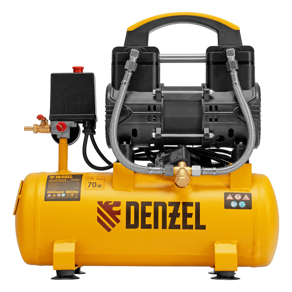 Компрессор безмасл. малошумный DLP-950/10, 950Вт,10 л, 2850 об/мин, 170 л/мин Denzel (58141)