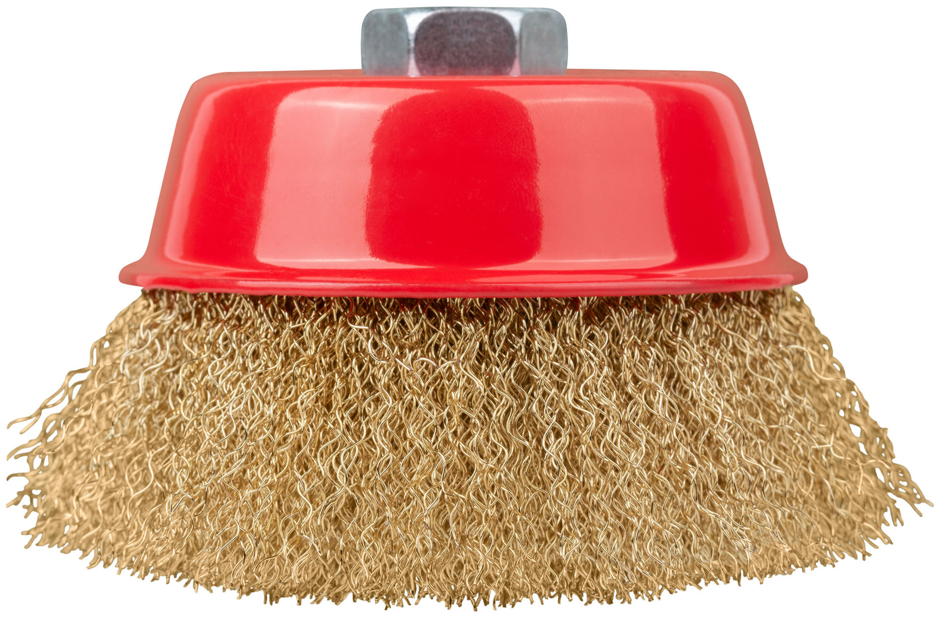 Корщетка-чашка, гайка М14, стальная латунированная волнистая проволока 100 мм (39270)