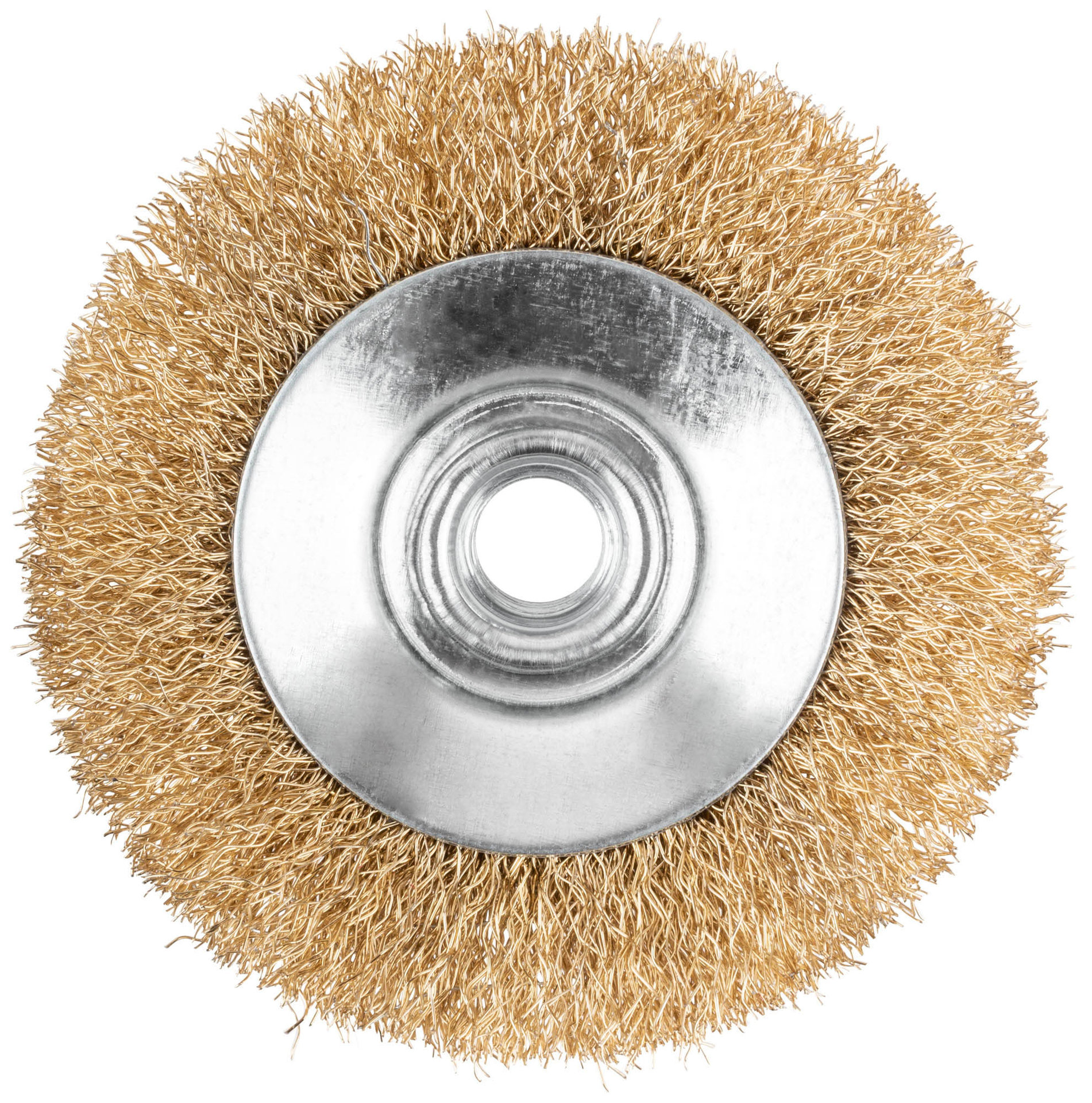 Корщетка-колесо с наклоном, гайка М14, стальная латунированная волнистая проволока 100 мм, блистер (39083)