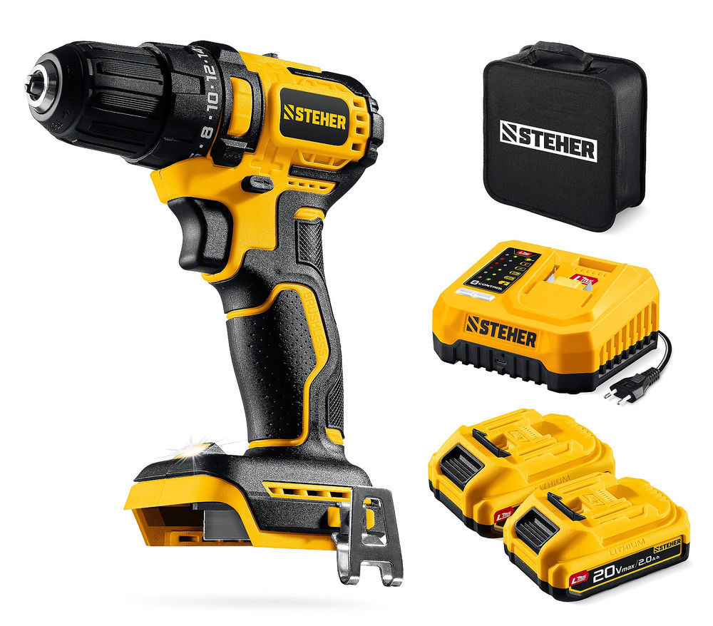 Дрель-шуруповерт бесщеточная 20 В, 45 Н·м, 2 АКБ LMS (2 А·ч), сумка STEHER CB-45-22