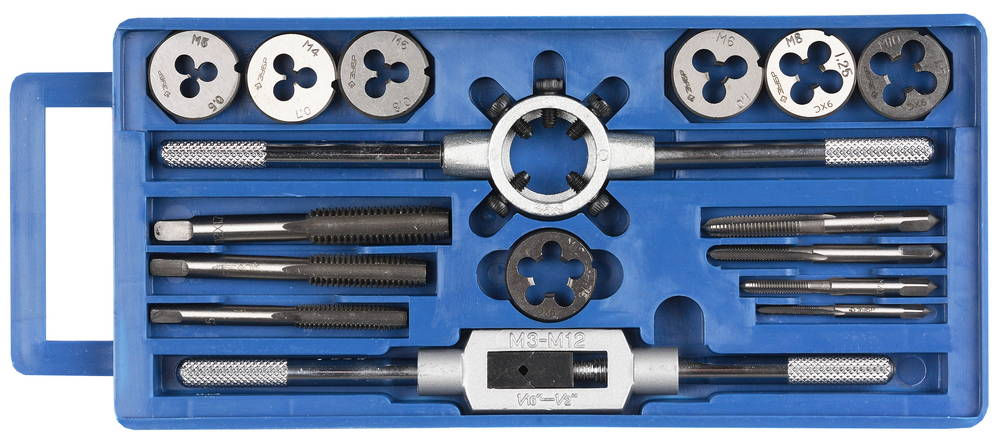 Набор метчиков и плашек 16 предм. сталь 9ХС в пластиковом боксе ЗУБР 28122-H16