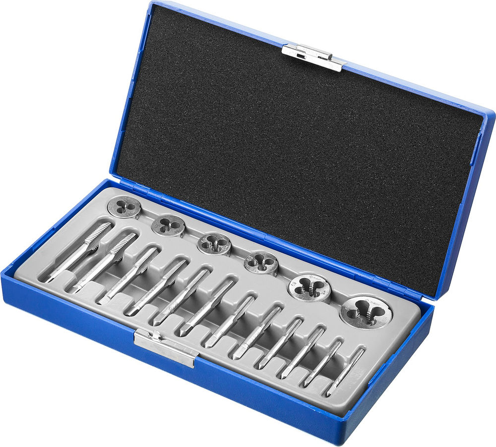 Набор метчиков и плашек 18 предм. сталь 9ХС в пластиковом боксе ЗУБР 28120-H18