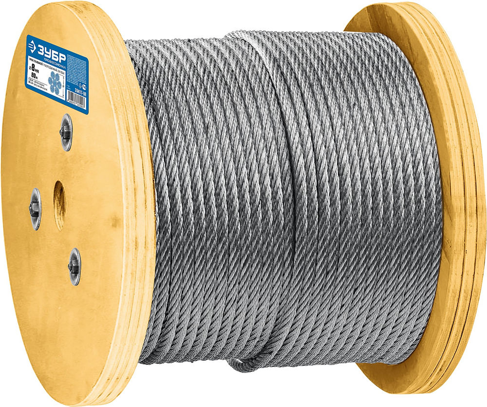 Грузоподъемный стальной трос 8 мм, L 80 м, свивка 6 x 37 + IWR ЗУБР DIN 3066 Профессионал 30417-08