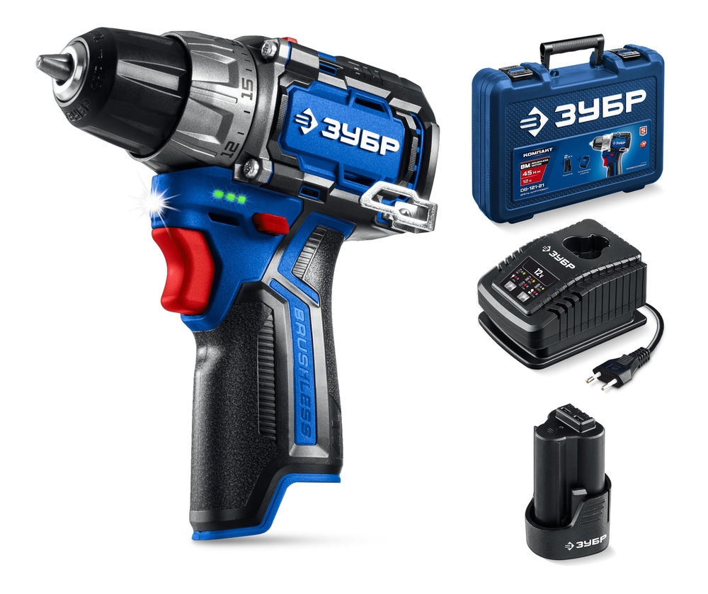 Дрель-шуруповерт 12 В 45 Н·м 1 АКБ тип Т7 2 А·ч BRUSHLESS кейс Профессионал ЗУБР КОМПАКТ #2 DB-121-21