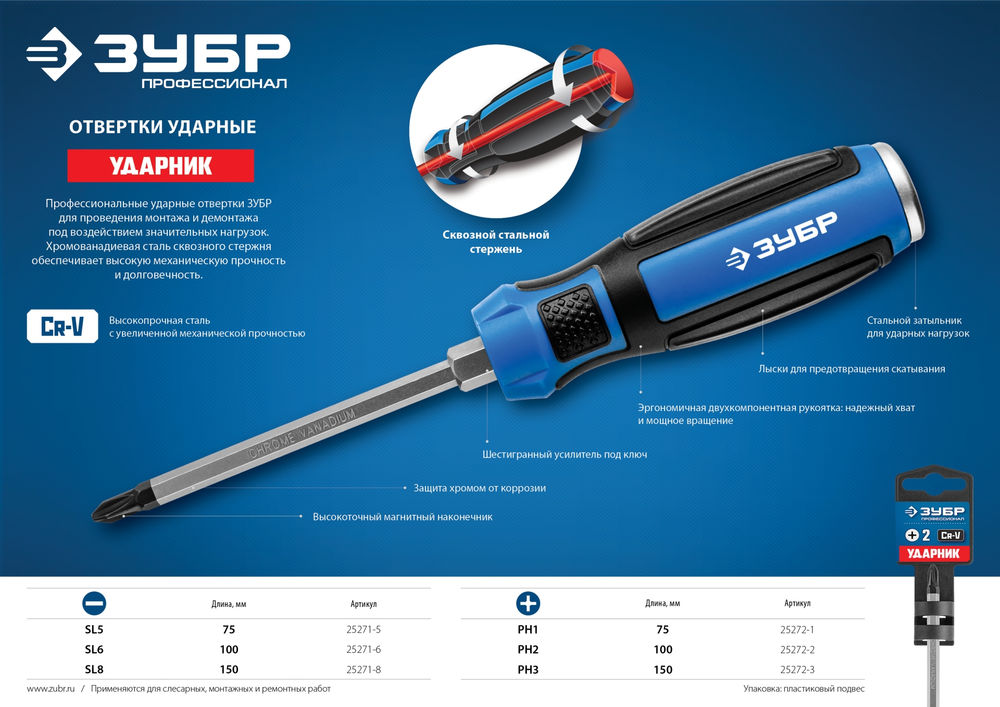 Ударная отвертка SL6 х 100 мм Профессионал ЗУБР Ударник 25271-6