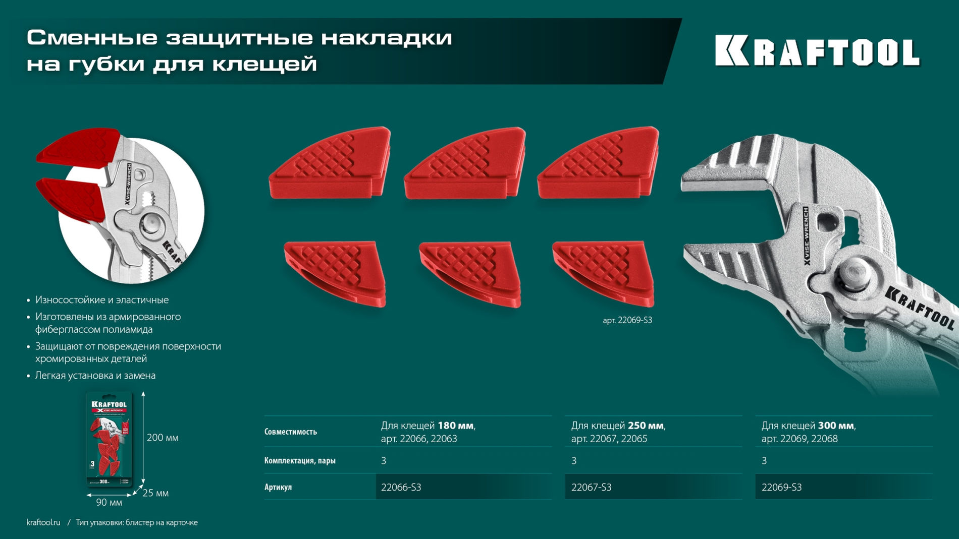 KRAFTOOL Vise-Wrench сменные защитные накладки на губки, для клещей 180 мм, набор из 3-х пар (22066-S3)