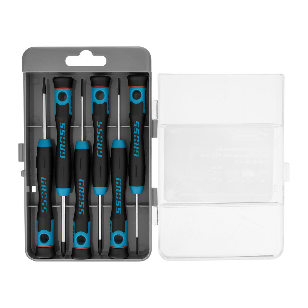 Набор отверток для точной механики, CrMo, двухкомпонентные рукоятки, 6 шт, пластиковый бокс Gross (13347)