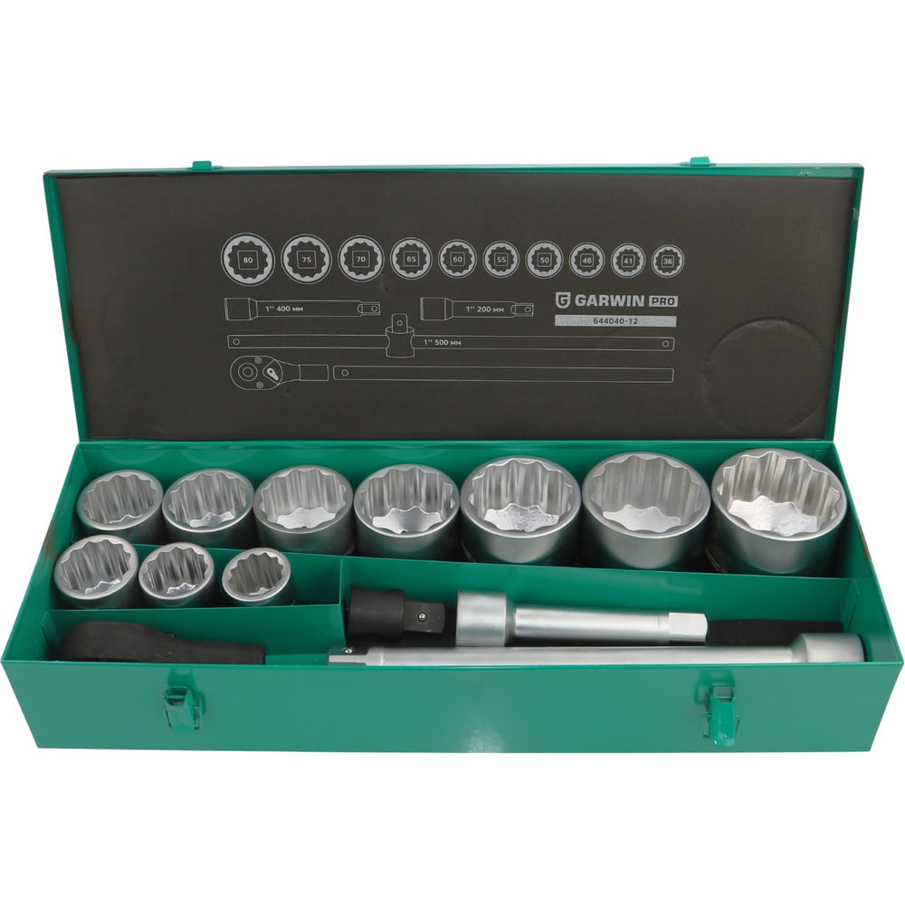 Набор торцевых головок 1, 12 гр., 14 пр., 36-80 мм, GARWIN PRO, 644040-12