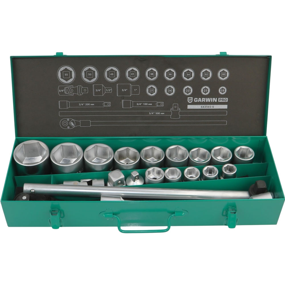 Набор торцевых головок 3/4 6 гр., 19-55 мм, 21 пр., GARWIN PRO, 643565-6