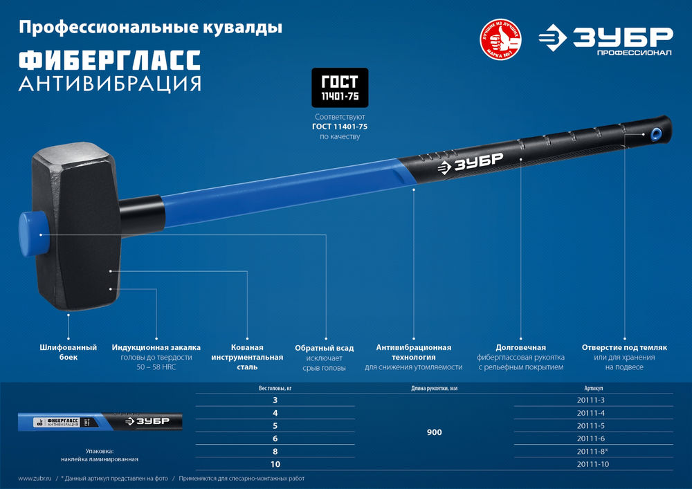 Кувалда 4 кг с удлинённой рукояткой Профессионал ЗУБР 20111-4