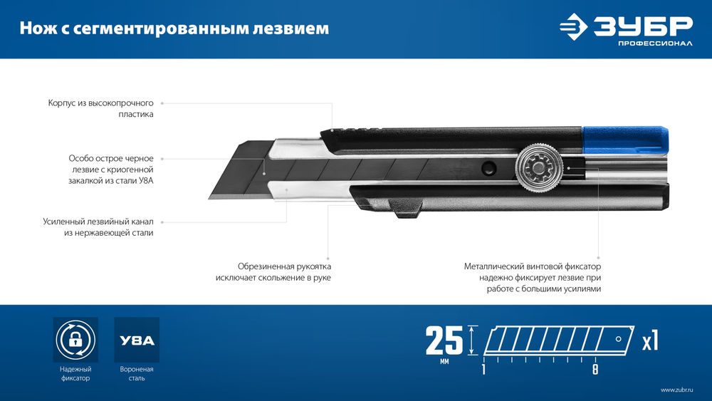Нож с сегментированным лезвием 25 мм Профессионал ЗУБР ПРО-25 09175