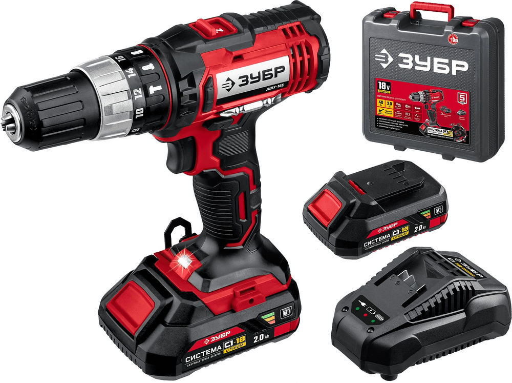 Ударная дрель-шуруповерт 18 В 40 Н·м 2 АКБ 2 А·ч кейс ЗУБР С1-18 ДШУ-185-22