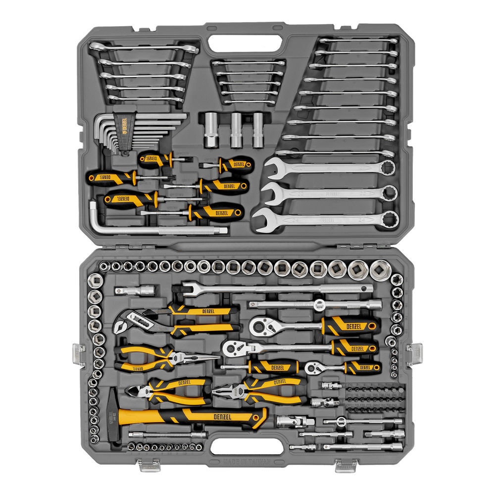 Набор инструментов, 1/2, 1/4, 3/8, CrV, S2, пластиковый кейс, 144 предмета Denzel