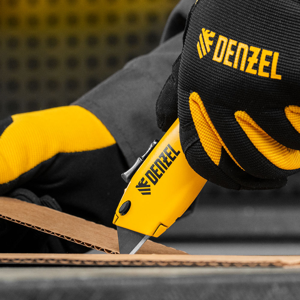 Нож, 19мм, сменное трапециевидное  лезвие, SK4, алюминиевый корпус, торцевой зажим Denzel (78916)