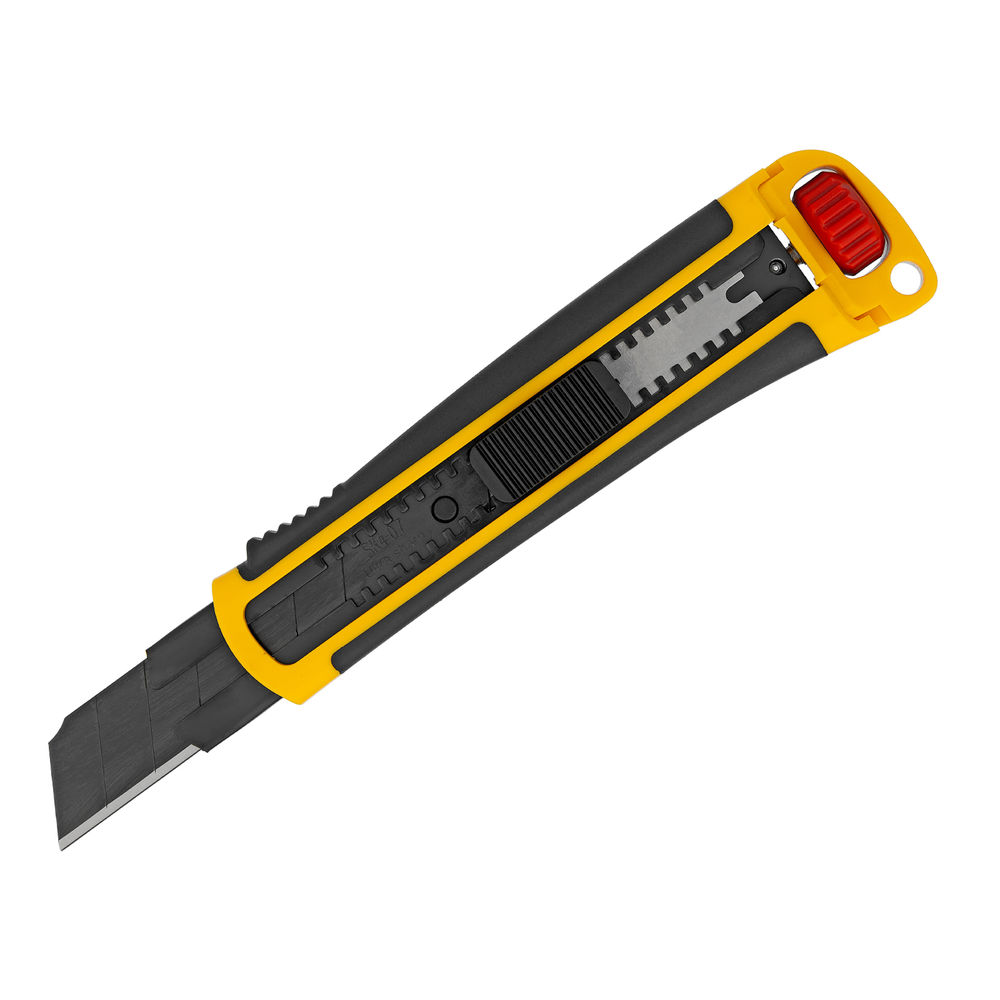 Нож, 25 мм, сменное лезвие, SK4, корпус из ABS + TPR, торцевой зажим Denzel (78908)