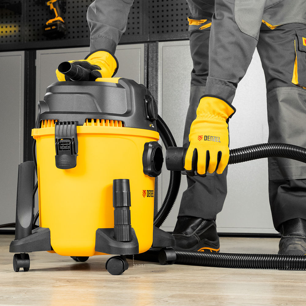 Пылесос строительный RVC20, 1400 Вт, бак 20 л, шланг 3 м, розетка с автосинхр. Denzel (28202)