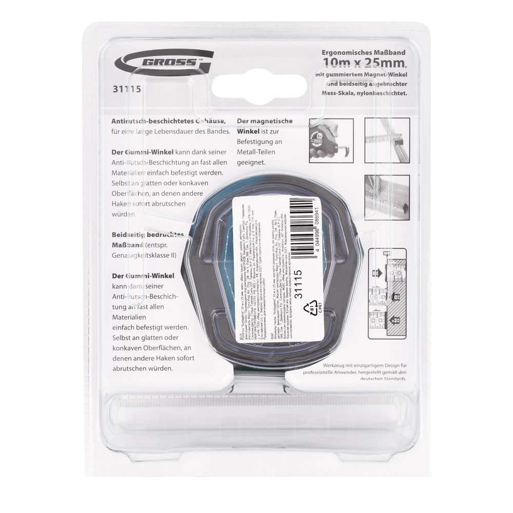 Рулетка Schlagfest,10 м x 25 мм,магнитный обрезиненный зацеп,двусторонняя шкала,автоматическая фиксация Gross