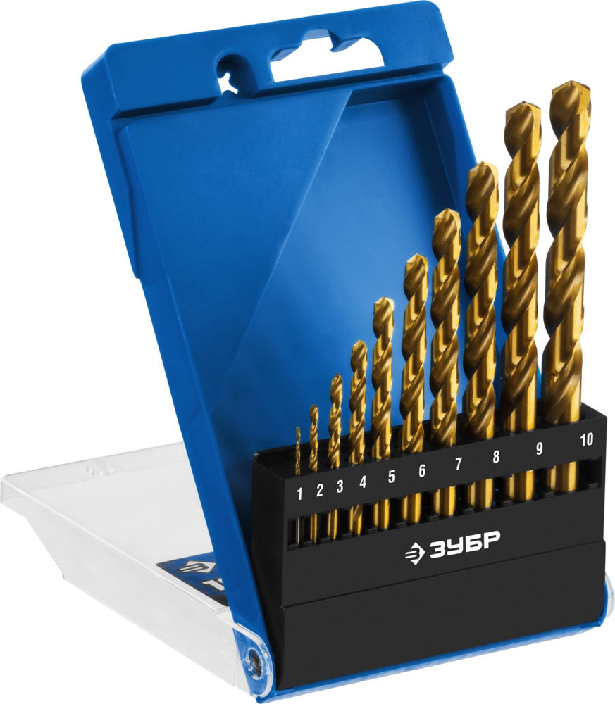 Набор сверл по металлу 10 шт (1-10 мм), сталь Р6М5, класс А, титановое покрытие ЗУБР ТИТАН Профессионал 29615-H10