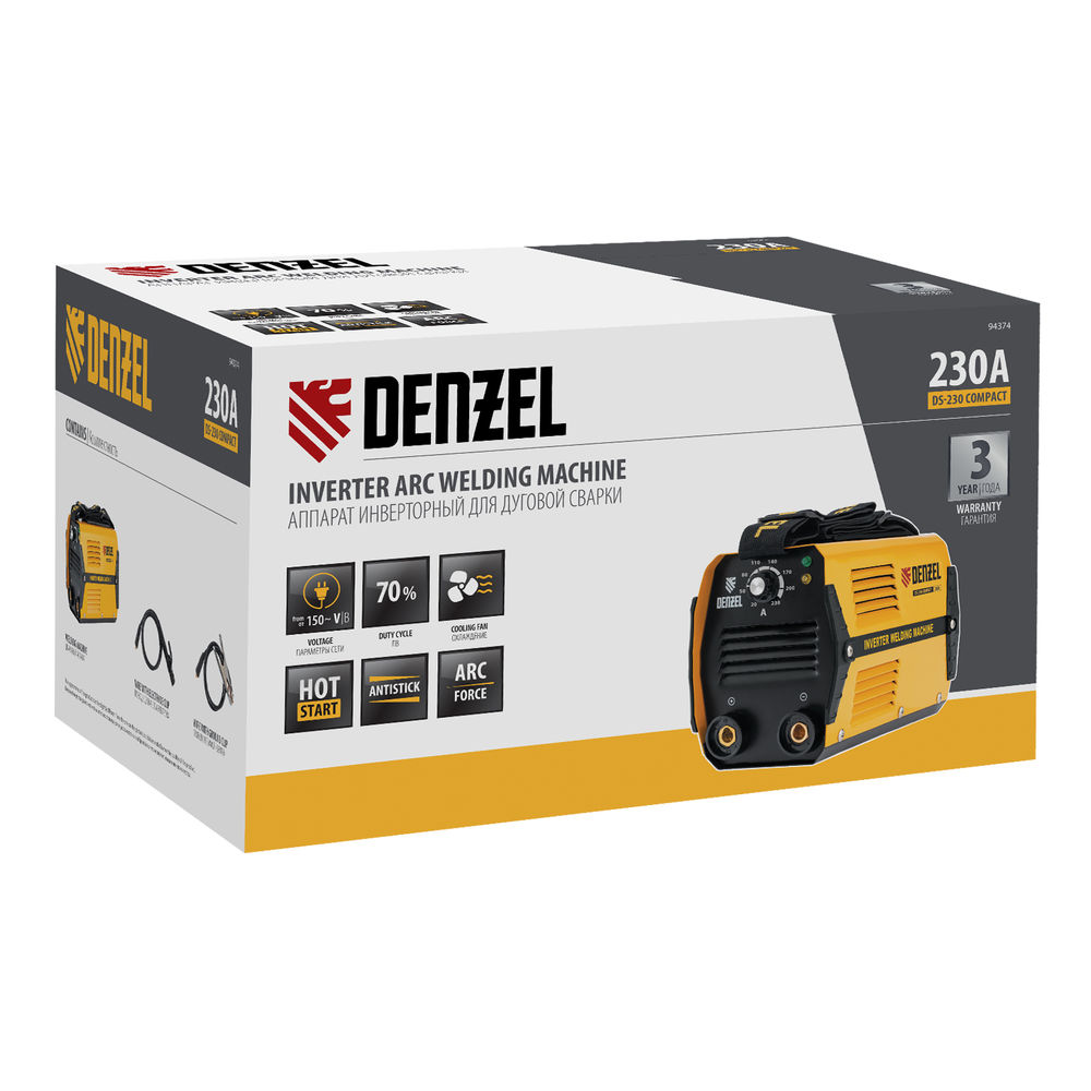 Аппарат инверторный дуговой сварки DS-230 Compact, 230 А, ПВ 70%, диаметр электрода 1.6-5 мм Denzel (94374)