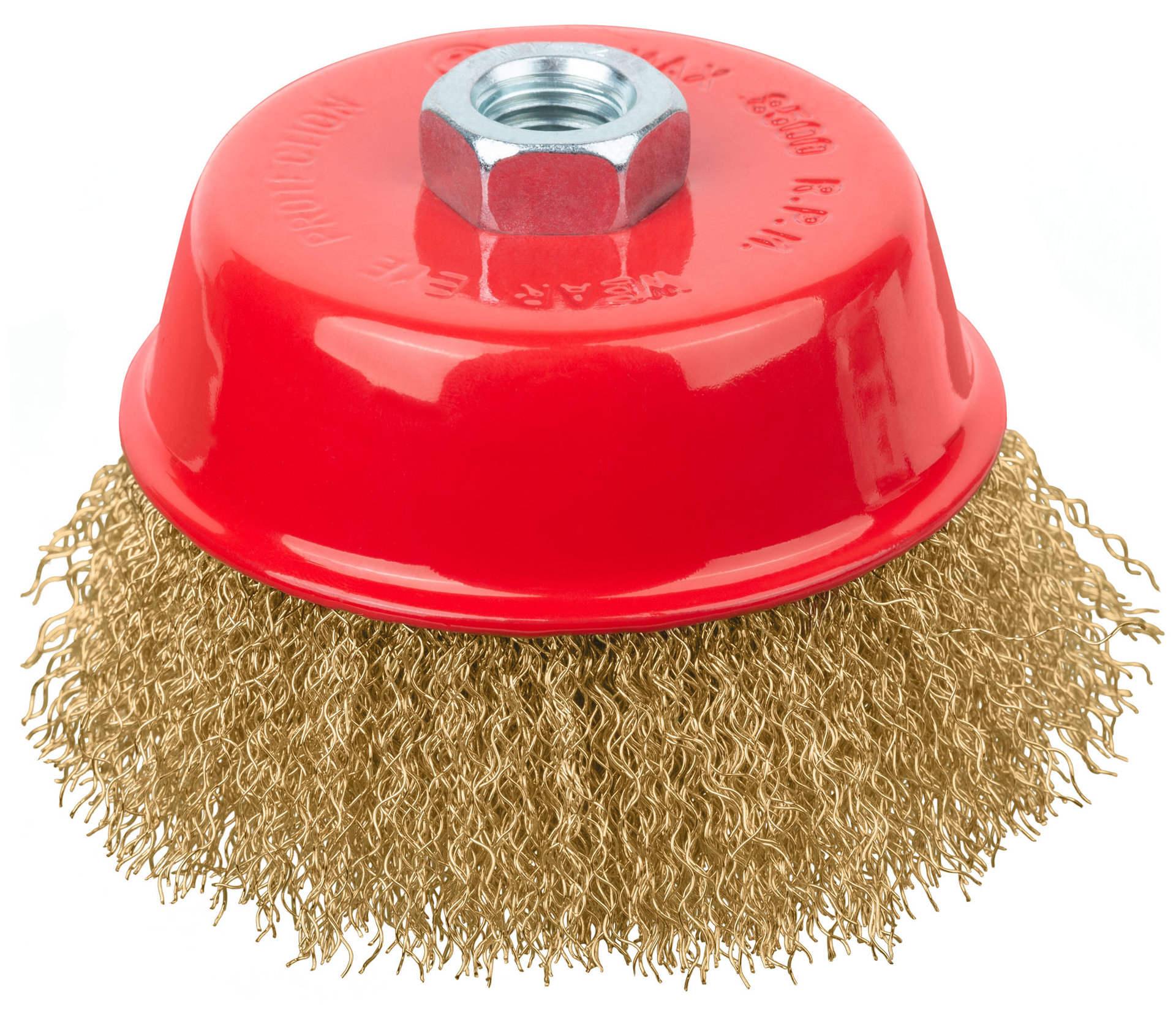 Корщетка-чашка, гайка М14, стальная латунированная волнистая проволока 100 мм (39270)