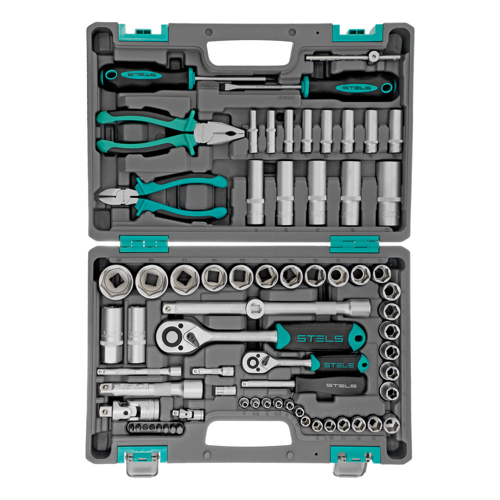 Набор инструментов, 1/2, 1/4, CrV, пластиковый кейс 69 предметов Stels