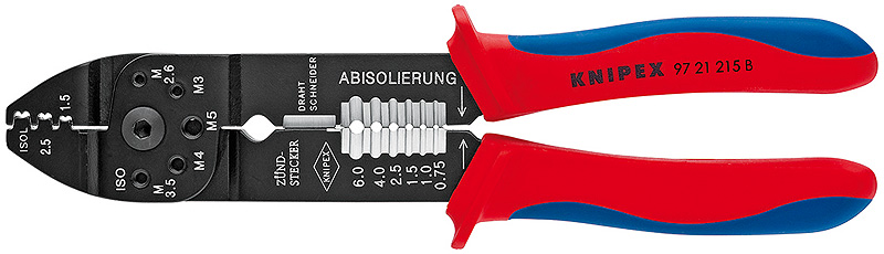 Пресс-клещи 0.5-2.5 мм? 3 гнезда штекеры открытые неизолированные 6.3 мм длина 230 мм KN-9721215B