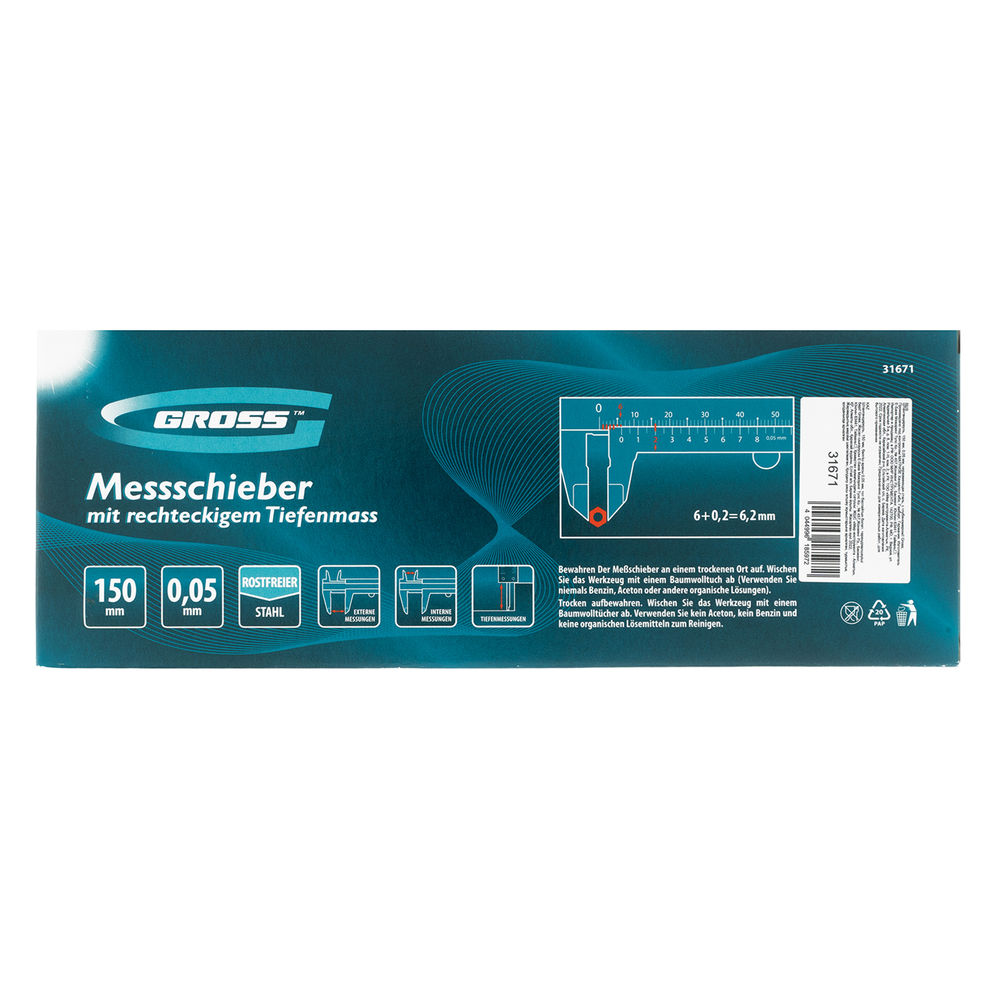 Штангенциркуль, 150 мм, 0.05 мм, нержавеющая сталь, с глубиномером Gross (31671)