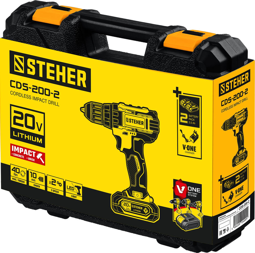 Дрель-шуруповерт ударная 20 В, 40 Н·м, 2 АКБ (2 А·ч), кейс V1 STEHER CDS-200-2