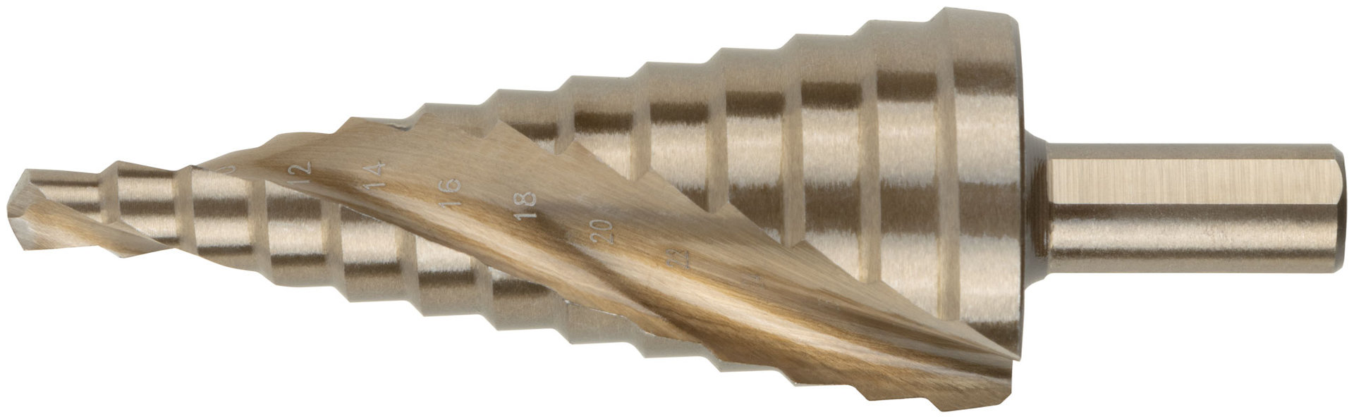 Сверло ступенчатое HSS Co5% ( Р6М5К5 ) по металлу, спиральный профиль, 13 ступеней, 6-30 мм