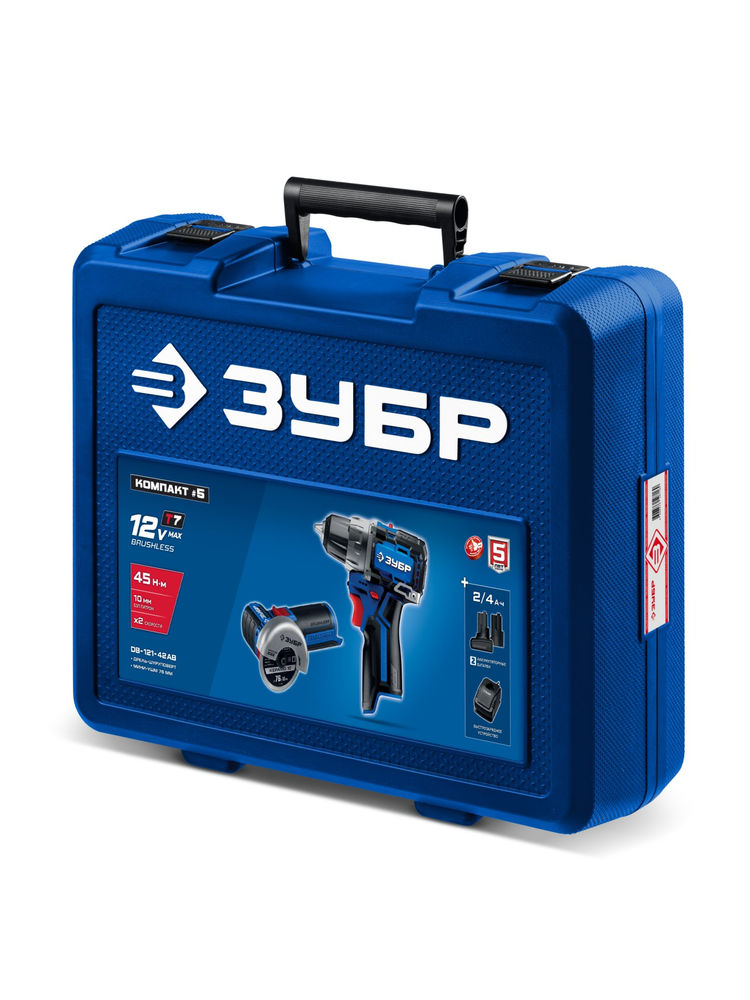 Набор: дрель-шуруповерт + мини УШМ 12 В 45 Н·м 2 АКБ тип Т7 4 и 2 А·ч BRUSHLESS кейс Профессионал ЗУБР КОМПАКТ #5 DB-121-42AB