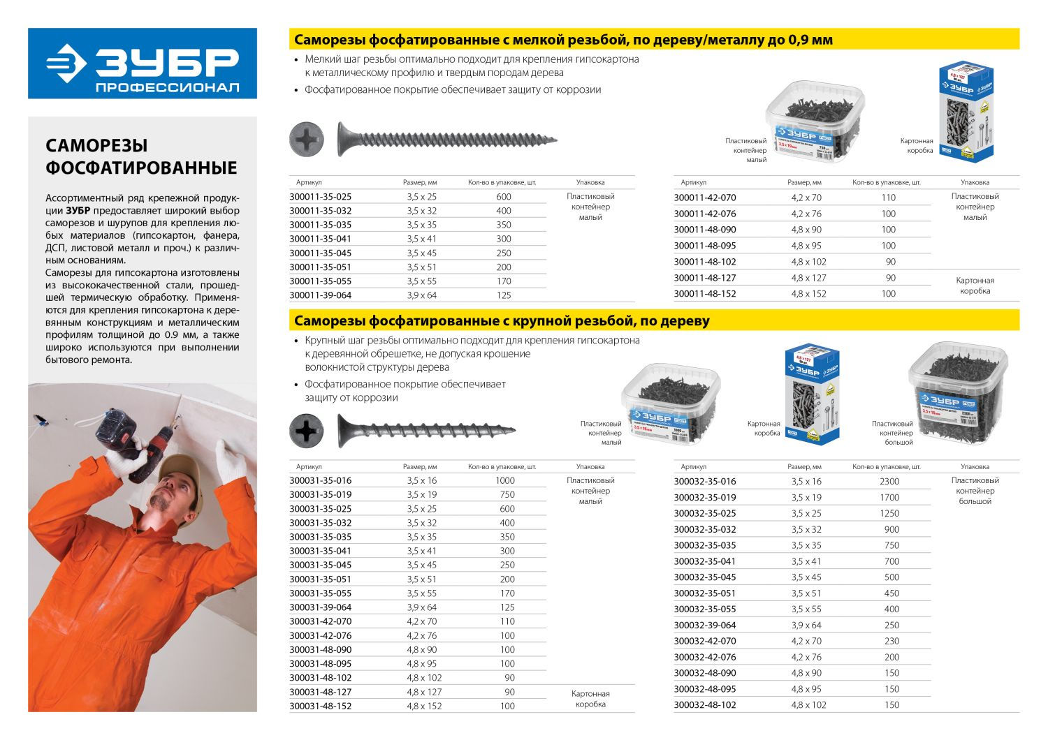 ЗУБР СГМ, 51 х 3.5 мм, фосфатированное покрытие, 750 шт (1,89 кг.), саморез гипсокартон-металл, Профессионал (300015-35-051)