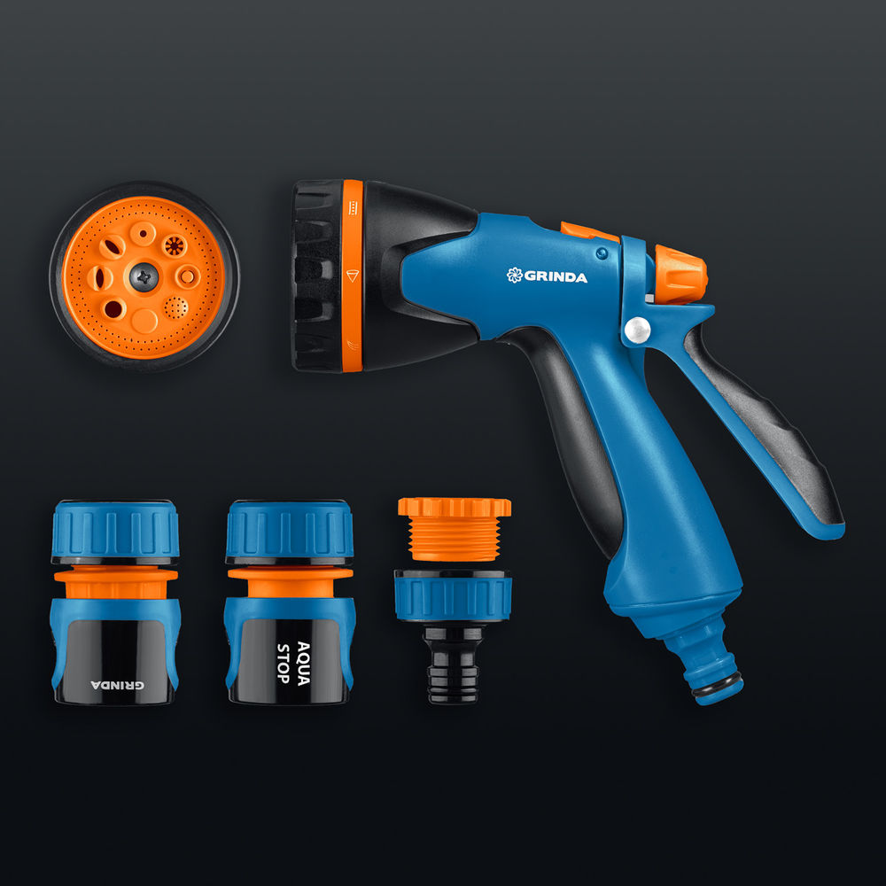 Набор поливочный B-812, пистолет поливочный B-8, коннектор 1/2, конектор 1/2 с автостопом, адаптер с внутр. резьбой 1/2 х 3/4, PROLine GRINDA 429114