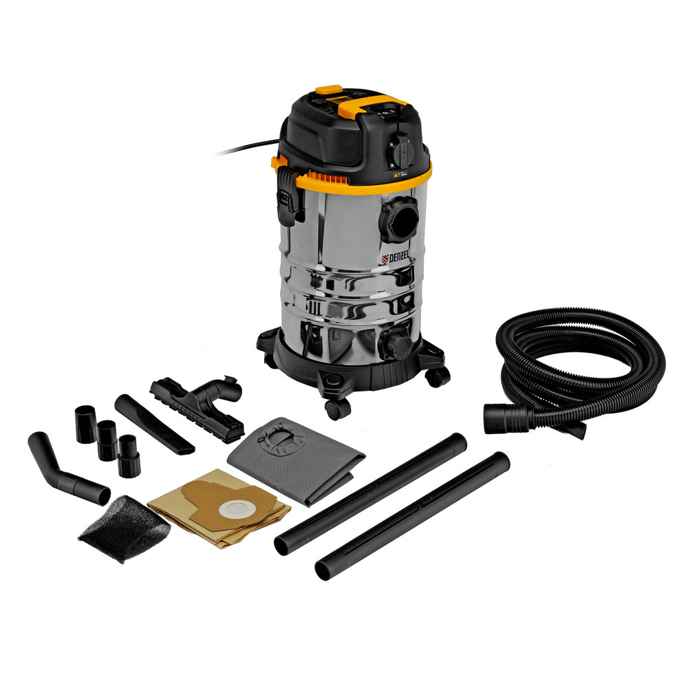 Пылесос строительный RVC30, 1400 Вт, бак 30 л, шланг 3 м, розетка с автосинхр. Denzel (28203)
