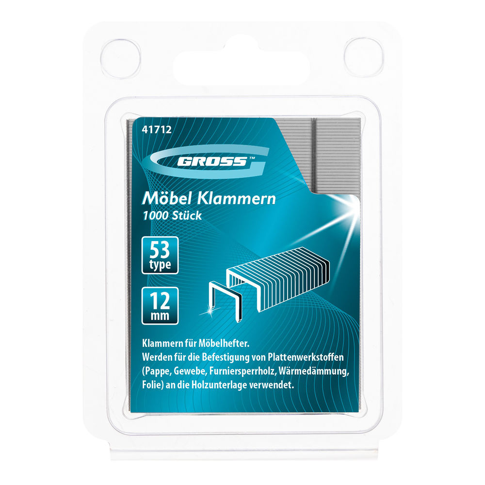 Скобы, 12 мм, для мебельного степлера, усиленные, тип 53, 1000 шт Gross (41712)